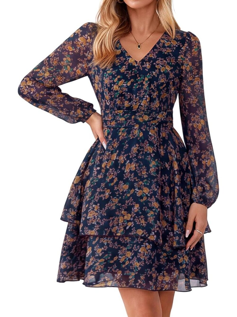 〽️Women’s Navy Brown Boho Floral Dress Long Sleeve Empire Waist Ruffle